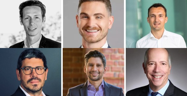 (Top L-R) William Barrett of Reach Capital, Tim Bemer of Lead Edge Capital and Julien Marencic of Jera Capital. (Bottom L-R) Christoph Landolt of Multiplicity Partners, Imran Hussain of Cedar Springs Capital and Paul Cohn of Tail End Capital Partners.